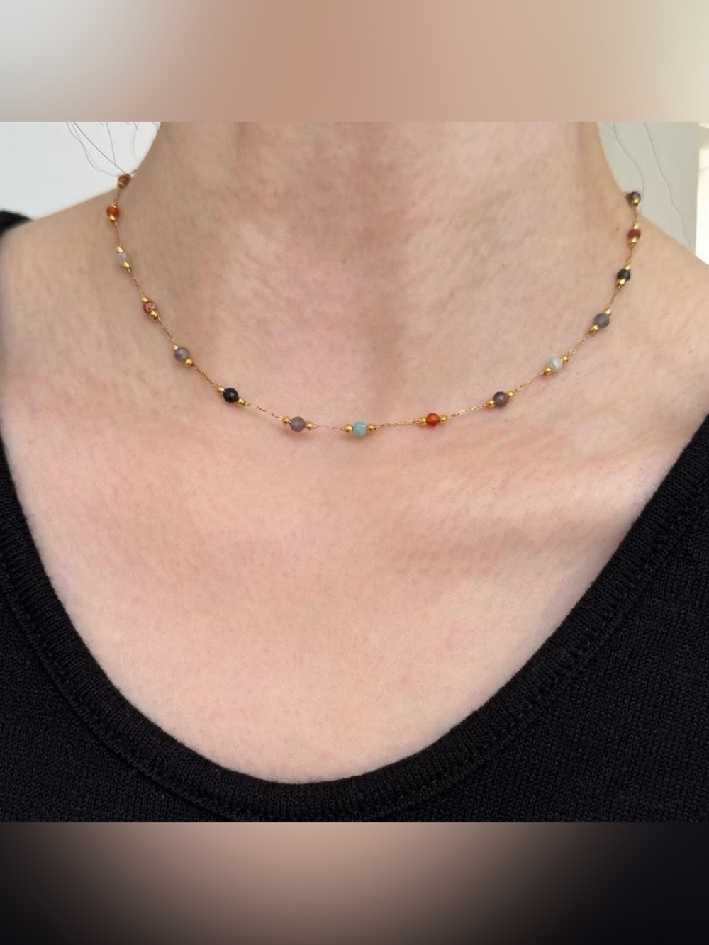 Gold Plated Stainless Steel Colorful Beaded Station Necklace 15"
